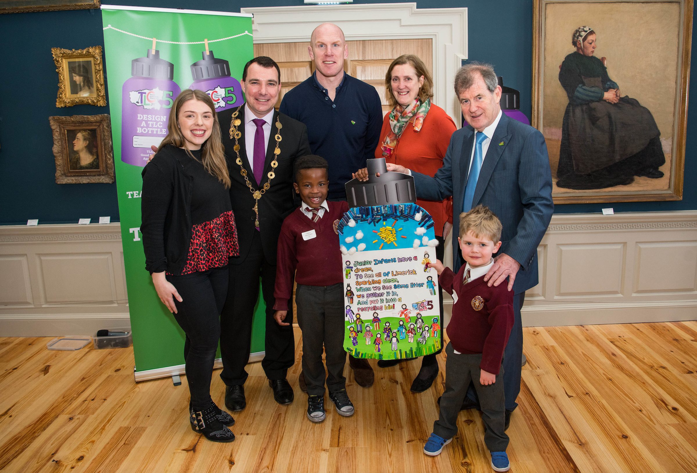 07/03/20193rd place winners of the junior infants-2nd class category are students Tyrone Akumbu and Zack Fennell from Christ the King Boys NS, along with teacher Niamh Walsh, Mayor of Limerick City and County, Cllr James Collins, Paul O'Connell, Helen O'Riordan and JP McManus at the 'Design a TLC Bottle' prizegiving at the Hunt Museum, Limerick. Over 50 primary schools across the county entered ahead of Team Limerick Clean-Up 5, which will see thousands of volunteers take to the streets of Limerick city and county for Europe's largest one-day clean up. Sponsored by the JP McManus Benevolent Fund, the event has seen over 360 tonnes of litter gathered from the streets since inception in 2015. Over 14,000 volunteers have already signed up for the 2019 event, taking place on Good Friday, 19th April. Photo by Diarmuid Greene