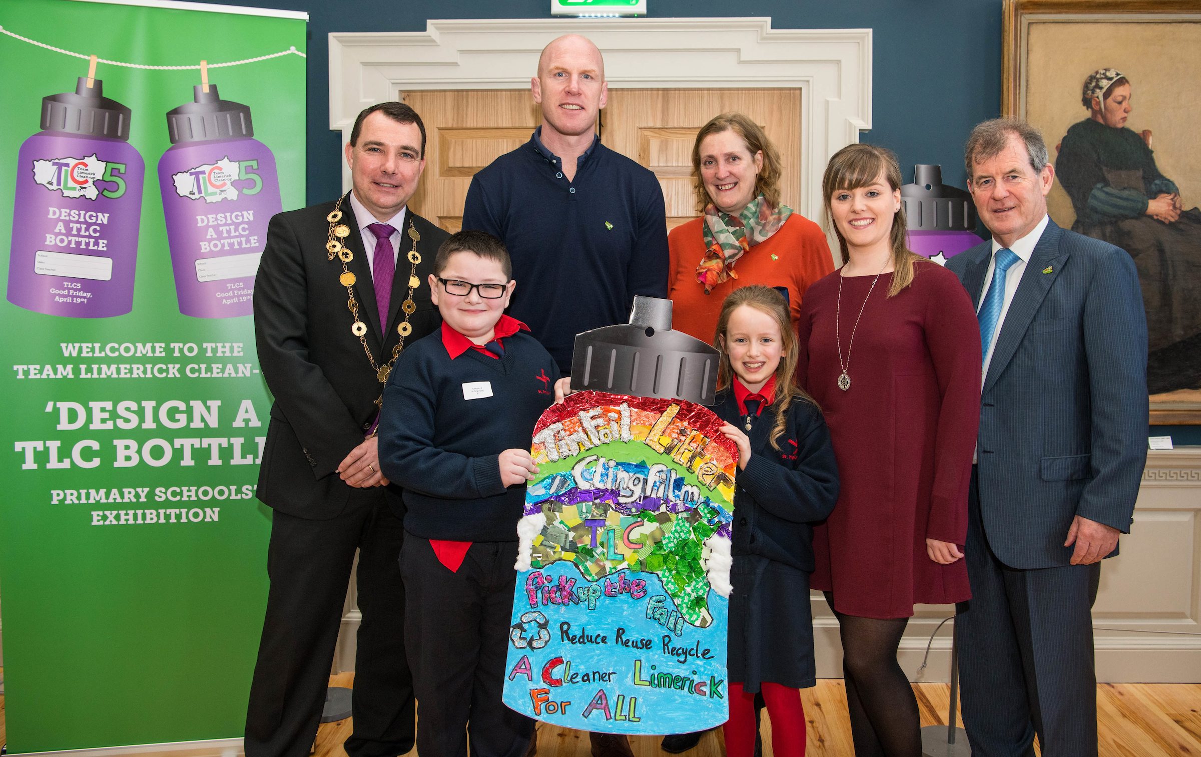 07/03/20193rd place winners of the 3rd and 4th class category are 3rd class students MJ O'Neill and Hazel Brassil from St Brigid's NS along with teacher Emma O'Connor, Mayor of Limerick City and County, Cllr James Collins, Paul O'Connell, Helen O'Donnell and JP McManus at the 'Design a TLC Bottle' prizegiving at the Hunt Museum, Limerick. Over 50 primary schools across the county entered ahead of Team Limerick Clean-Up 5, which will see thousands of volunteers take to the streets of Limerick city and county for Europe's largest one-day clean up. Sponsored by the JP McManus Benevolent Fund, the event has seen over 360 tonnes of litter gathered from the streets since inception in 2015. Over 14,000 volunteers have already signed up for the 2019 event, taking place on Good Friday, 19th April. Photo by Diarmuid Greene